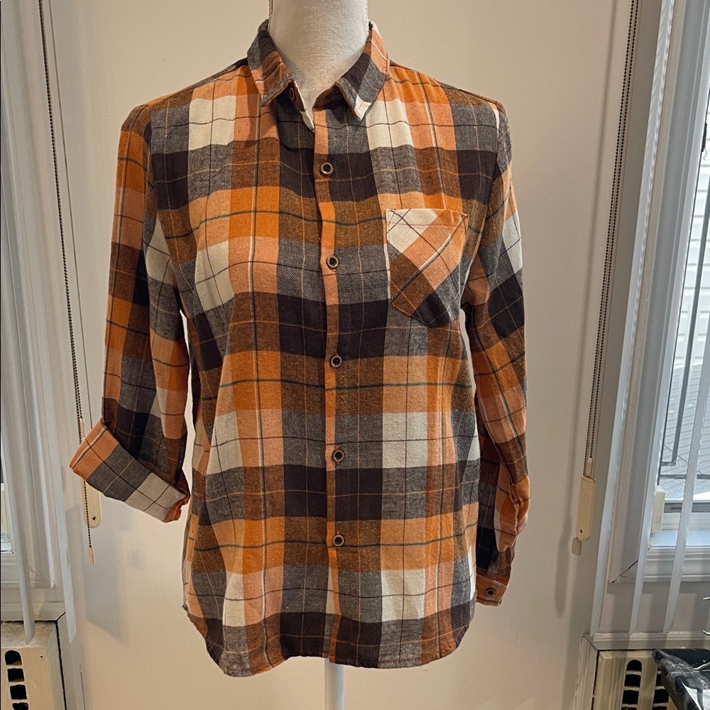 NEOT SHEIN Kids Plaid Button-Down Shirt - Orange, Brown, White size 13/14